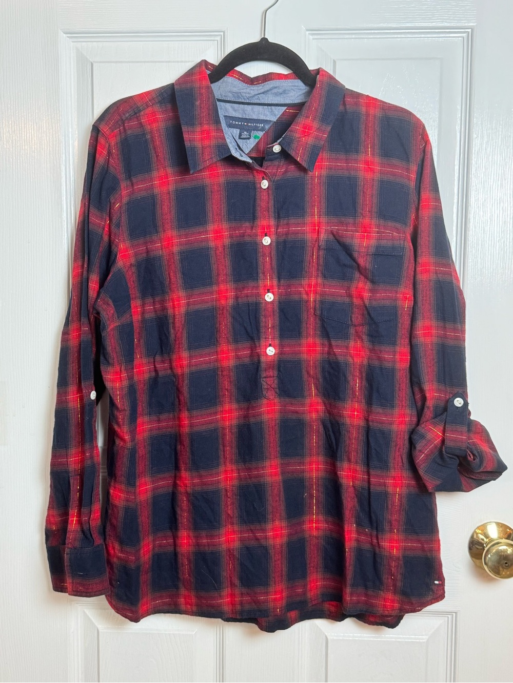 Women’s XL Red Navy Plaid Button Up Roll Tab Sleeve Shirt